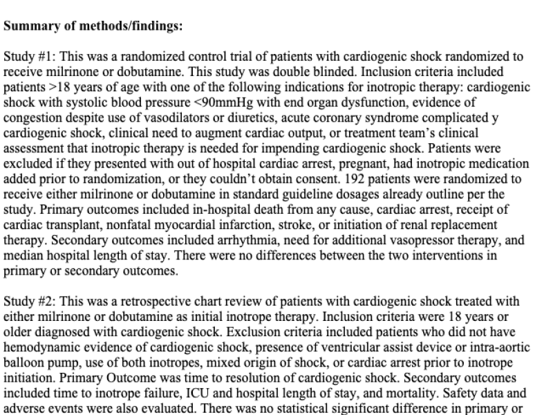 Critically Appraised Topic: Dobutamine vs. Milrinone in Cardiogenic Shock